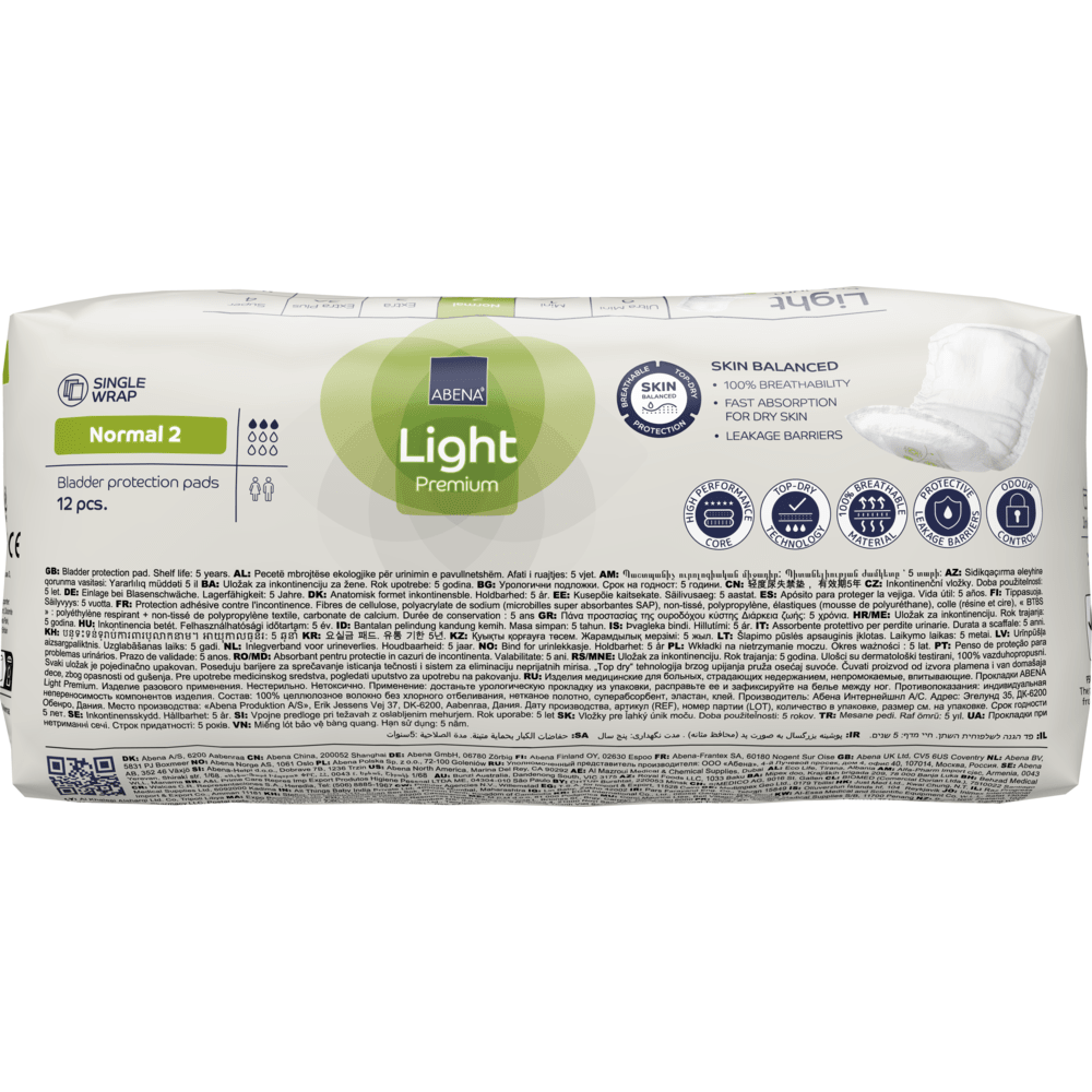 A pack of ABENA Light Normal 2, Premium from Abena Re-Seller GmbH (12 pieces) offers bladder protection level 2 with absorbency, skin balance, fast absorption, and liquid barriers for effective protection.