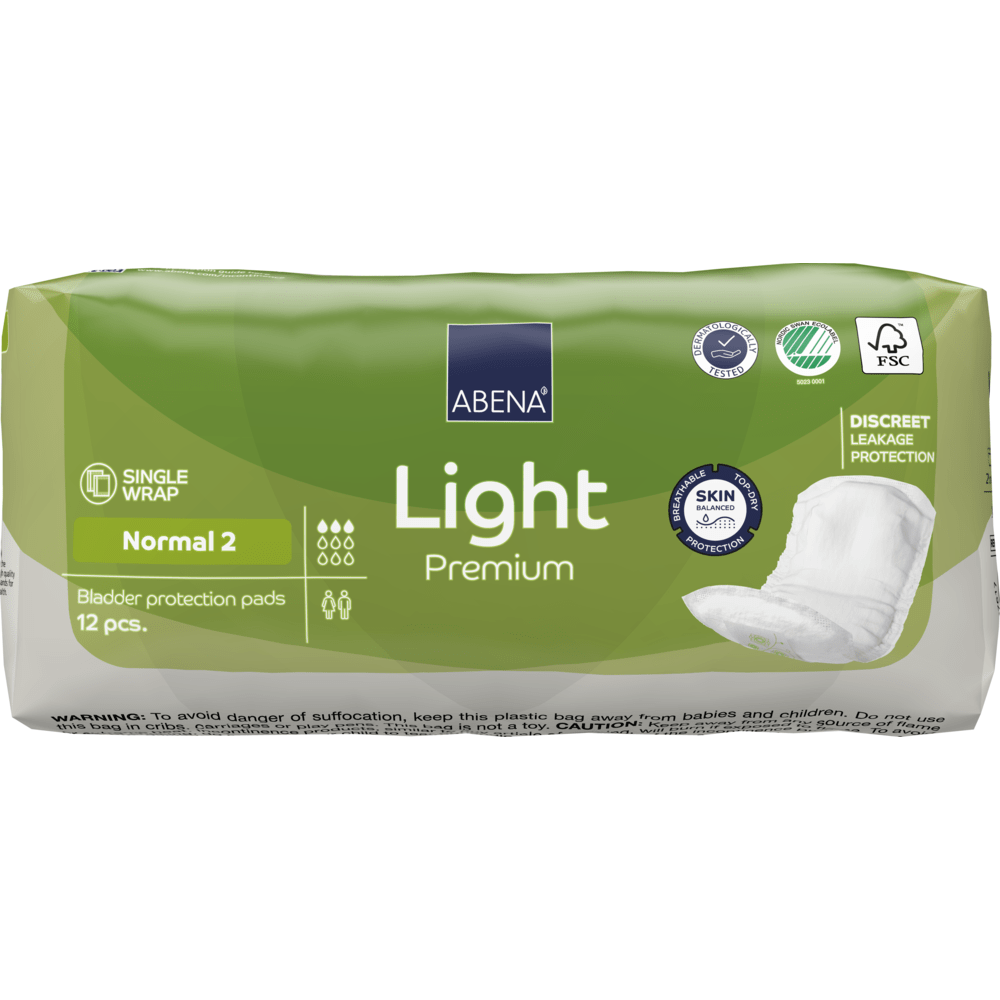 A pack of ABENA Light Normal 2, Premium from Abena Re-Seller GmbH (12 pieces) offers discreet leak protection and high absorbency. The green-white packaging shows product information and pictograms of the extended benefits.