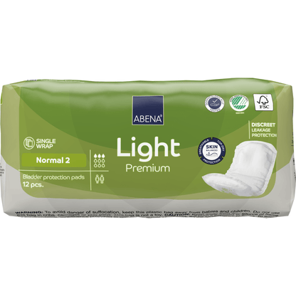 A pack of ABENA Light Normal 2, Premium from Abena Re-Seller GmbH (12 pieces) offers discreet leak protection and high absorbency. The green-white packaging shows product information and pictograms of the extended benefits.