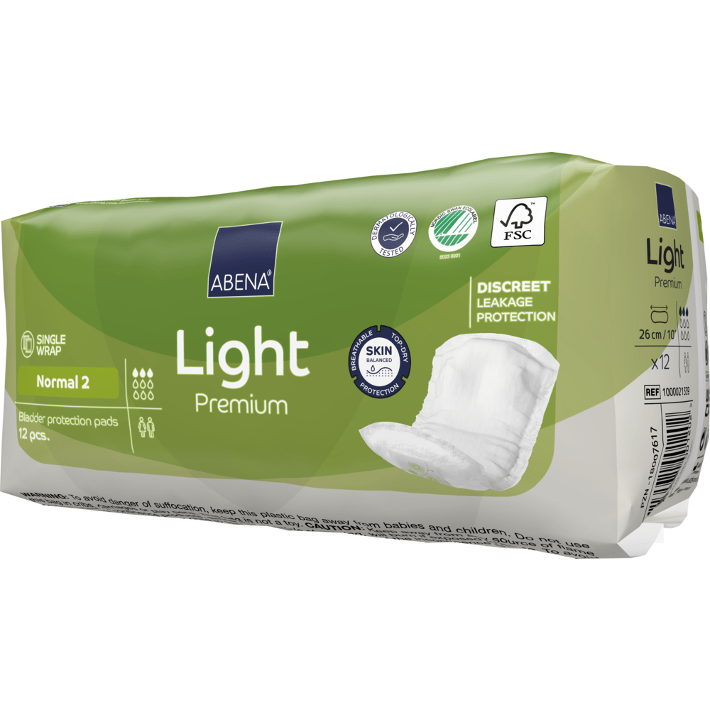 A green-white pack of ABENA Light Normal 2, Premium (12 pieces) from Abena Re-Seller GmbH, distinguished by discreet leak protection, high absorbency, skin-friendliness, FSC certification, and the illustration of an insert.