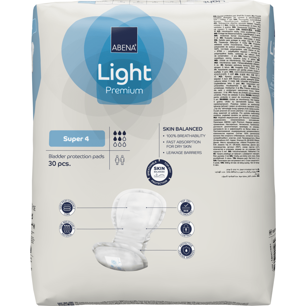 A pack of ABENA Light Super 4, Premium (30 pieces) from Abena Re-Seller GmbH offers breathable, fast-absorbing bladder protection with skin balance, depicted on the front with a tampon illustration.
