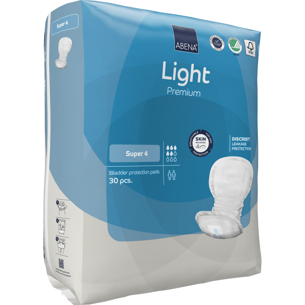 The ABENA Light Super 4, Premium from Abena Re-Seller GmbH in the blue-white 30-pack offers discreet leak protection and skin-friendly comfort.