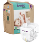 A pack of Bambo Nature by Abena Re-Seller GmbH with eco-friendly size 3 diapers shows a smiling baby. On the front is a diaper displaying its design and lettering - ideal for conscious baby care.
