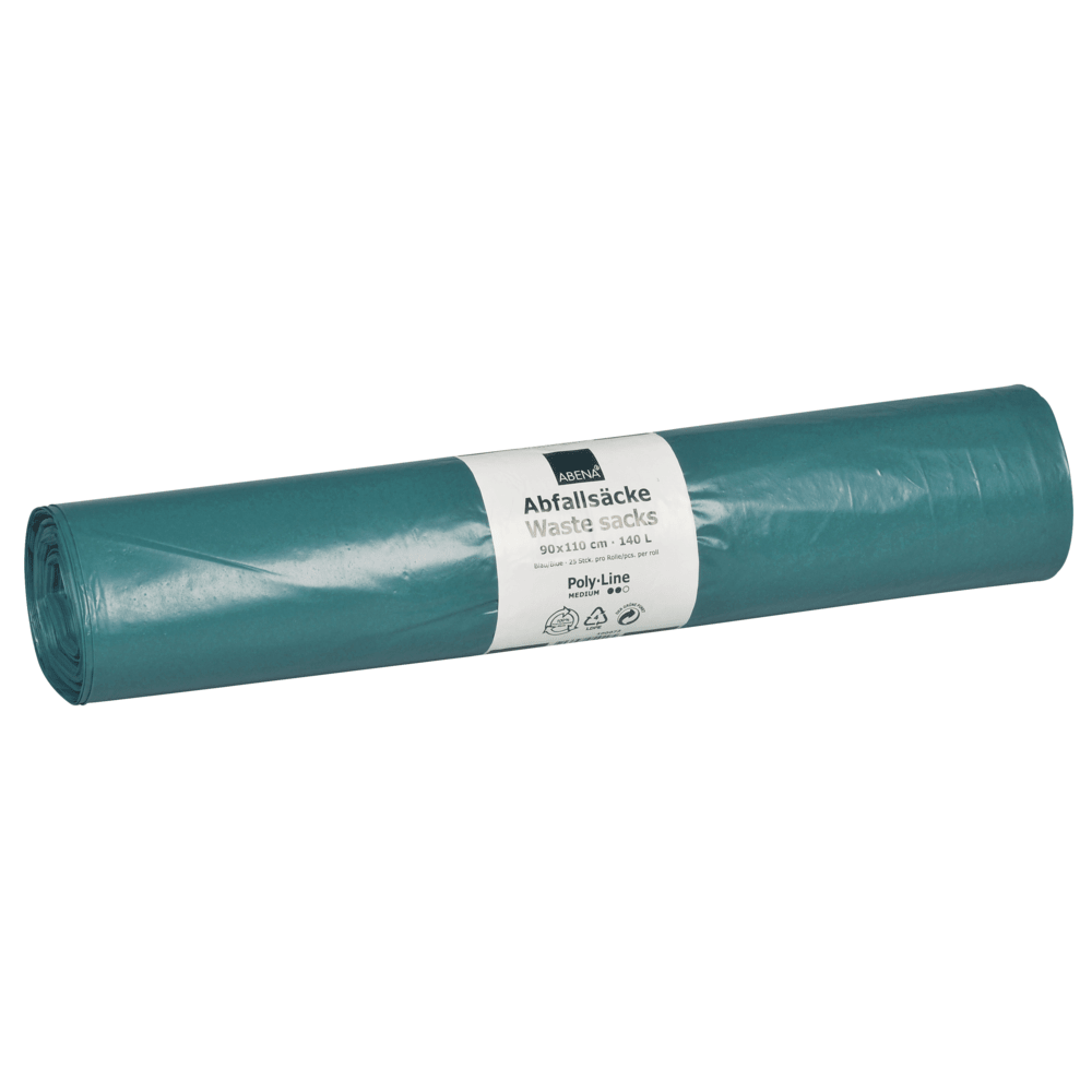 A roll of blue Abena Re-Seller GmbH LDPE trash bags 140 L (900x1100 mm, 38 my, 25 bags/roll) with a white label containing the details "trash bags", "trash bags", size specifications and recycling symbols.