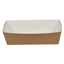 The "Pommes" tray, made of kraft paper by Abena Re-Seller GmbH, is a simple, rectangular brown kraft paper tray with a white interior—an eco-friendly food packaging product shown empty against a white background.