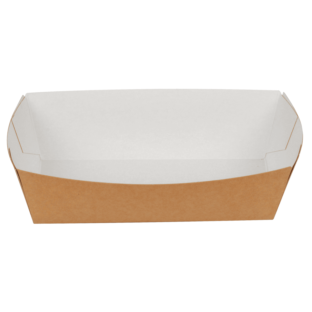 Pictured is an empty medium-sized fries tray from Abena Re-Seller GmbH, made from eco-friendly kraft paper, on a white background. The simple rectangular tray has slanted sides and is delivered in a pack of 90 pieces.