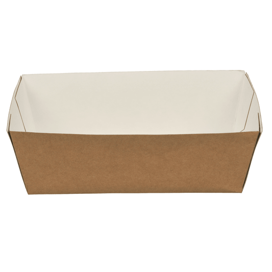 The Abena Re-Seller GmbH French Fry Container, Kraft, is a rectangular, open-top container made of brown kraft paper with a white inner lining—an eco-friendly packaging solution for your food, shown here at a slightly elevated angle against a white background.
