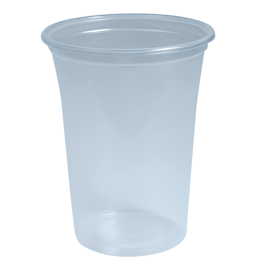 The image shows a transparent Abena Re-Seller GmbH drinking glass made of shatter-resistant polypropylene against a white background. This dishwasher-safe cup has a slightly flared rim and smooth sides.