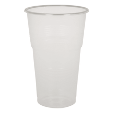 A transparent, empty plastic cup from Abena Re-Seller GmbH's "Trinkgläser, PP" series stands upright against a solid white background, highlighting its durability and polypropylene (PP) construction.