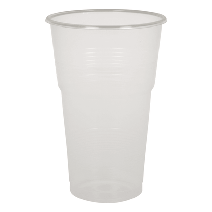 A transparent, empty plastic cup from the series of drinking glasses, PP by Abena Re-Seller GmbH stands upright on a solid white background, highlighting its durability and construction from polypropylene (PP).