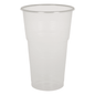 A transparent, empty plastic cup from the series of drinking glasses, PP by Abena Re-Seller GmbH stands upright on a solid white background, highlighting its durability and construction from polypropylene (PP).