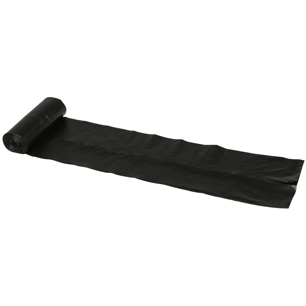 A partially unrolled Abena Re-Seller GmbH garbage bag 120 L, black (25 my LLDPE), roll with 10 bags, lies on a white background, while the rest of the garbage bags are rolled up at the end.