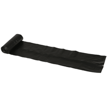 A partially unrolled Abena Re-Seller GmbH garbage bag 120 L, black (25 my LLDPE), roll with 10 bags, lies on a white background, while the rest of the garbage bags are rolled up at the end.