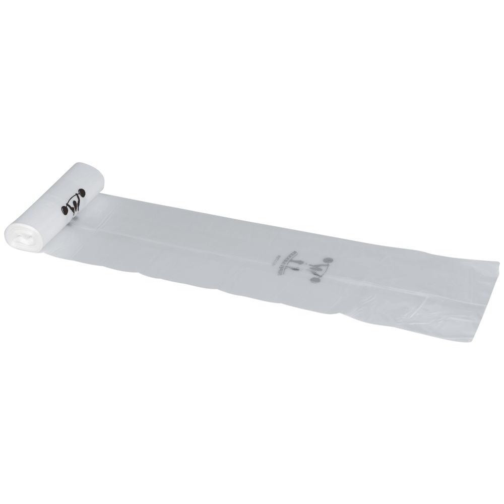 A partially unrolled roll of Abena Re-Seller GmbH waste bags 120 L, 25 my LLDPE, Transparent (roll with 10 bags) shows flat, elongated bags with black print and symbols.