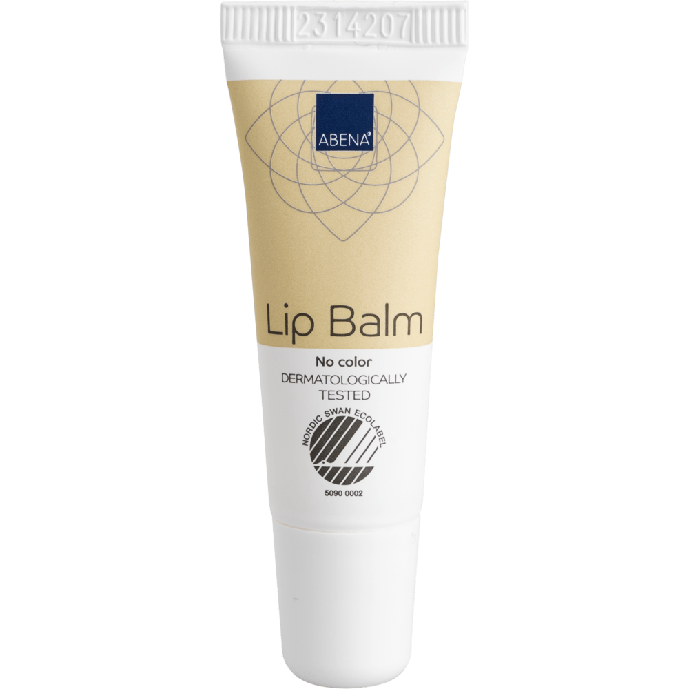 The beige-white 10-ml tube of Abena Re-Seller GmbH lip balm with a white cap and the inscription "No color", "DERMATOLOGICALLY TESTED" and the Nordic Swan Ecolabel provides moisture for soft, healthy lips. Available as a carton (300 packages).