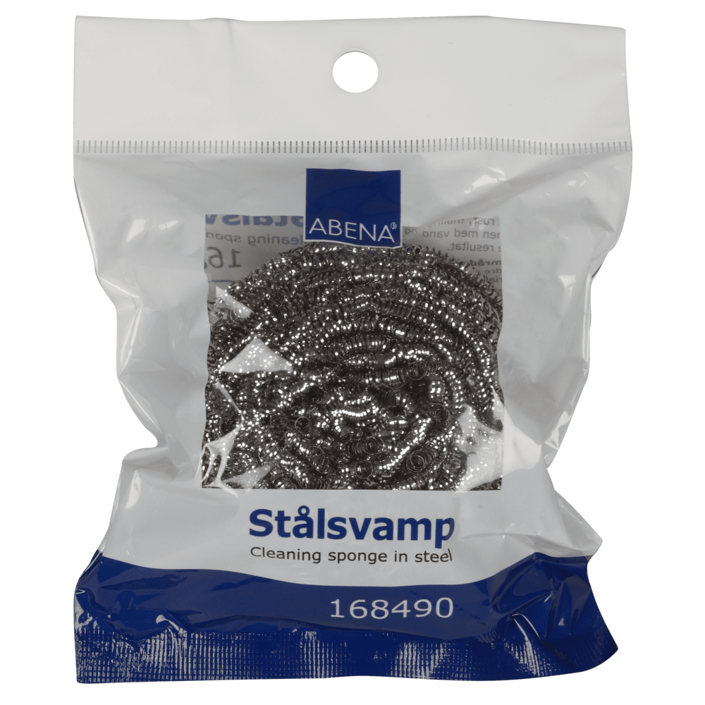 A 40g stainless steel spiral (pack of 10), product number 168490, from Abena Re-Seller GmbH. The clear blue packaging features the brand logo at the top and advertises rust-resistant material for kitchen cleaning.