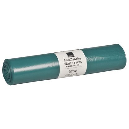 A roll of Abena Re-Seller GmbH trash bags 125 L (800x1000 mm, 48 my, LDPE, Blue), roll with 25 bags, is seen on a white background; the white label shows information in German and English about size and volume.