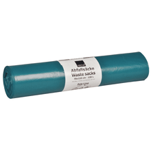 A roll of Abena Re-Seller GmbH trash bags 120 L, 700x1100 mm, 34 my LDPE, blue (25 bags) with a white bilingual label. Ideal versatile trash bags for waste disposal.
