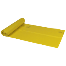 Pictured is a partially unrolled roll of Abena Re-Seller GmbH garbage bags 120 L, 700x1100 mm, 34 my LDPE in yellow (25 bags/roll) on a white background. Recycling and material information symbols are printed on the yellow bags.