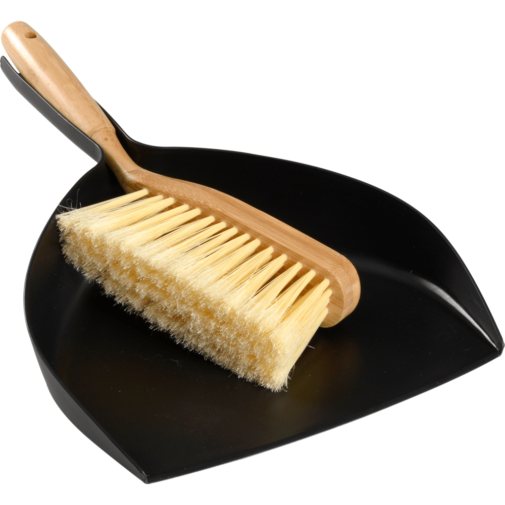 A brush with a bamboo handle and light bristles sits on a black plastic dustpan - an ENA Living dustpan set, Bamboo by Abena Re-Seller GmbH, which cleans stylishly and environmentally friendly in a pack of 12.