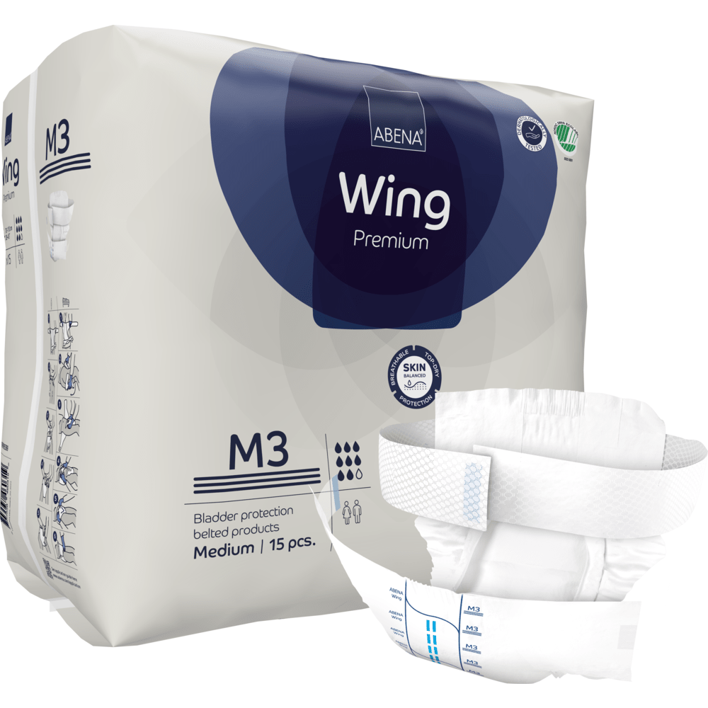 A package of ABENA Wing Premium adult diapers by Abena Re-Seller GmbH, size M3, contains 15 pieces. A diaper is depicted on the front to highlight its design and tabs for optimal protection and comfort. The packaging shows product and brand details.
