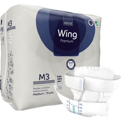 A package of ABENA Wing Premium adult diapers by Abena Re-Seller GmbH, size M3, contains 15 pieces. A diaper is depicted on the front to highlight its design and tabs for optimal protection and comfort. The packaging shows product and brand details.