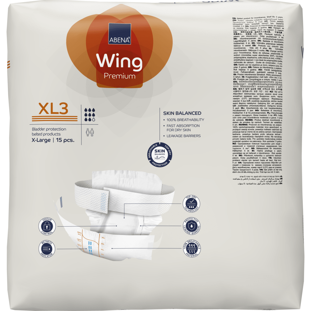 A pack of ABENA Wing Premium XL3 from Abena Re-Seller GmbH contains 15 extra-large slips with images and symbols emphasizing ultimate protection, skin balance, and fast absorption.