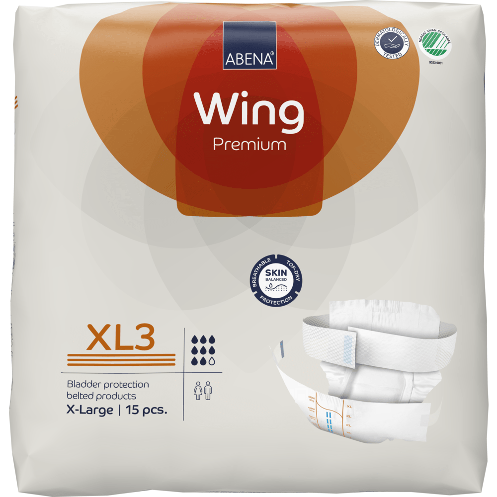 A pack of ABENA Wing Premium from Abena Re-Seller GmbH, size X-Large, 15 pieces, with the product image and icons for ultimate protection, absorbency, and usability.