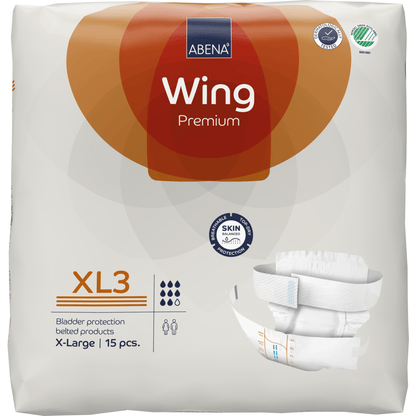 A pack of ABENA Wing Premium from Abena Re-Seller GmbH, size X-Large, 15 pieces, with the product image and icons for ultimate protection, absorbency, and usability.