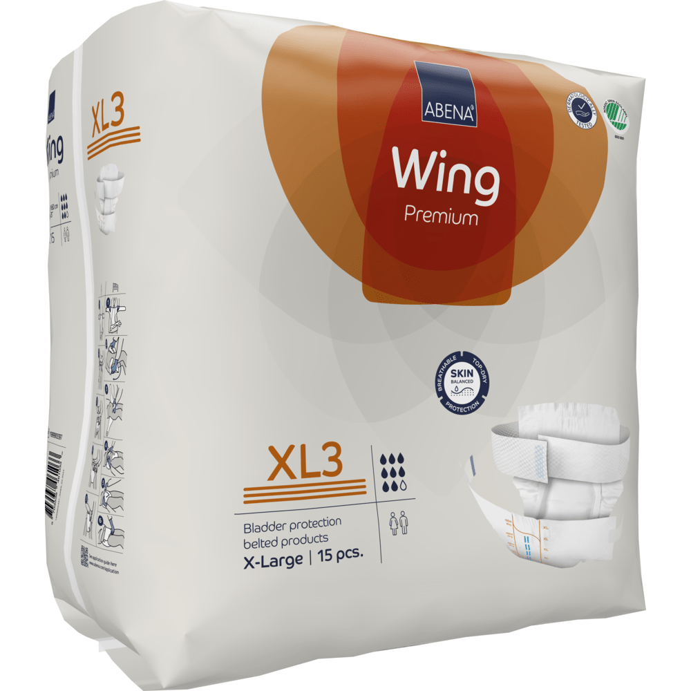 A pack of Abena Re-Seller GmbH ABENA Wing Premium XL3 incontinence products (X-Large, 15 pieces) offers protection and comfort in a mostly white package with orange accents and clear product information.