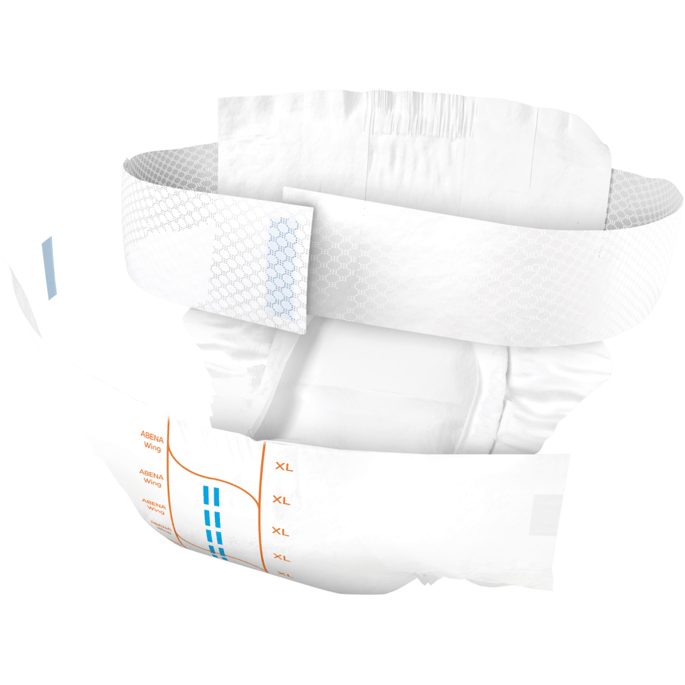 The ABENA Wing Premium disposable adult diaper by Abena Re-Seller GmbH is shown isolated and features adjustable side tabs, absorbent padding, an elastic waistband, and orange and blue size markings for optimal protection and comfort.