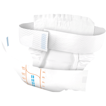 The ABENA Wing Premium disposable adult diaper by Abena Re-Seller GmbH is shown isolated and features adjustable side tabs, absorbent padding, an elastic waistband, and orange and blue size markings for optimal protection and comfort.