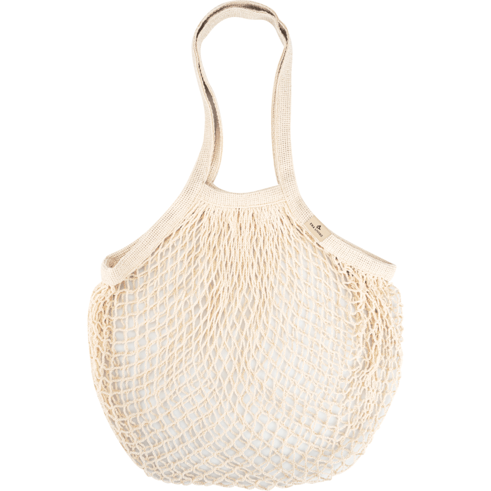The ENA Living shopping net from Abena Re-Seller GmbH (box with 24 packs), beige and reusable with two handles, is presented empty against a white background - ideal for environmentally conscious shopping.