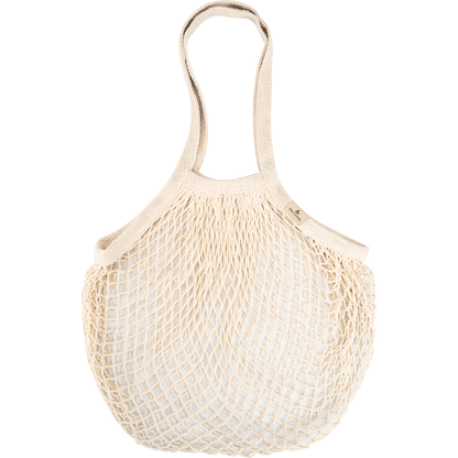 The ENA Living shopping net from Abena Re-Seller GmbH (box with 24 packs), beige and reusable with two handles, is presented empty against a white background - ideal for environmentally conscious shopping.