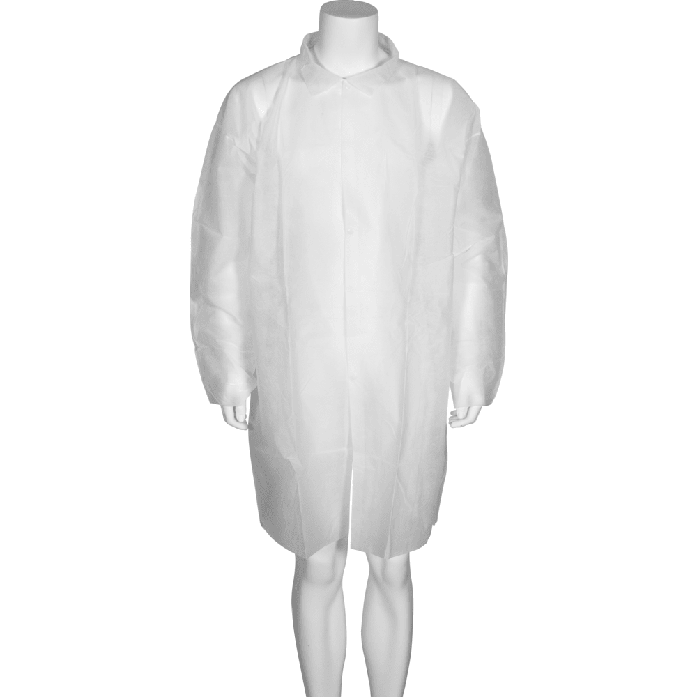 The visitor coat, Nonwoven/PP, White from Abena Re-Seller GmbH is a disposable lab coat with long sleeves, collar, and buttons at the front, displayed on a mannequin.