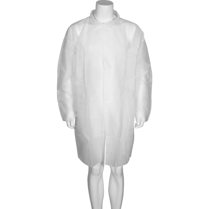 The visitor coat, Nonwoven/PP, White from Abena Re-Seller GmbH is a disposable lab coat with long sleeves, collar, and buttons at the front, displayed on a mannequin.