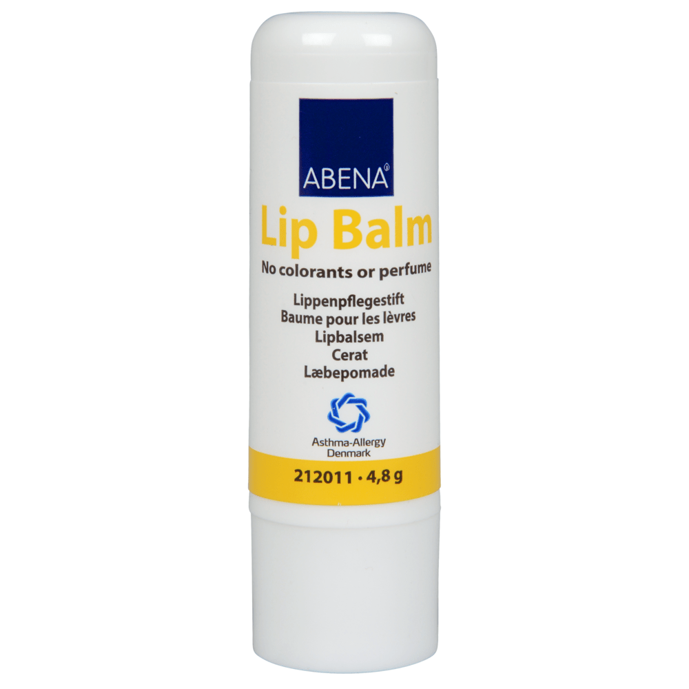 A white lip balm stick, 4.8 g, from Abena Re-Seller GmbH, with a blue cap and yellow label, features multilingual information and the Asthma-Allergy Denmark logo, and provides long-lasting moisture with natural ingredients. Package: 20 pieces.