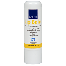 A white lip balm stick, 4.8 g from Abena Re-Seller GmbH with a blue cap and yellow label features multilingual information, the Asthma-Allergy Denmark logo, and provides long-lasting moisture with natural ingredients. Package: 20 pieces.