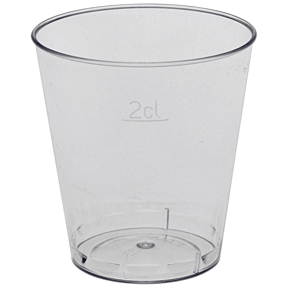 A transparent 2 cl shot glass from Abena Re-Seller GmbH, made of polystyrene (PS), stands upright and empty on a white background. Sold in packs of 50 pieces.