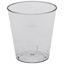 A transparent 2 cl shot glass from Abena Re-Seller GmbH, made of polystyrene (PS), stands upright and empty on a white background. Sold in packs of 50 pieces.