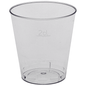 A transparent 2 cl shot glass from Abena Re-Seller GmbH, made of polystyrene (PS), stands upright and empty on a white background. Sold in packs of 50 pieces.