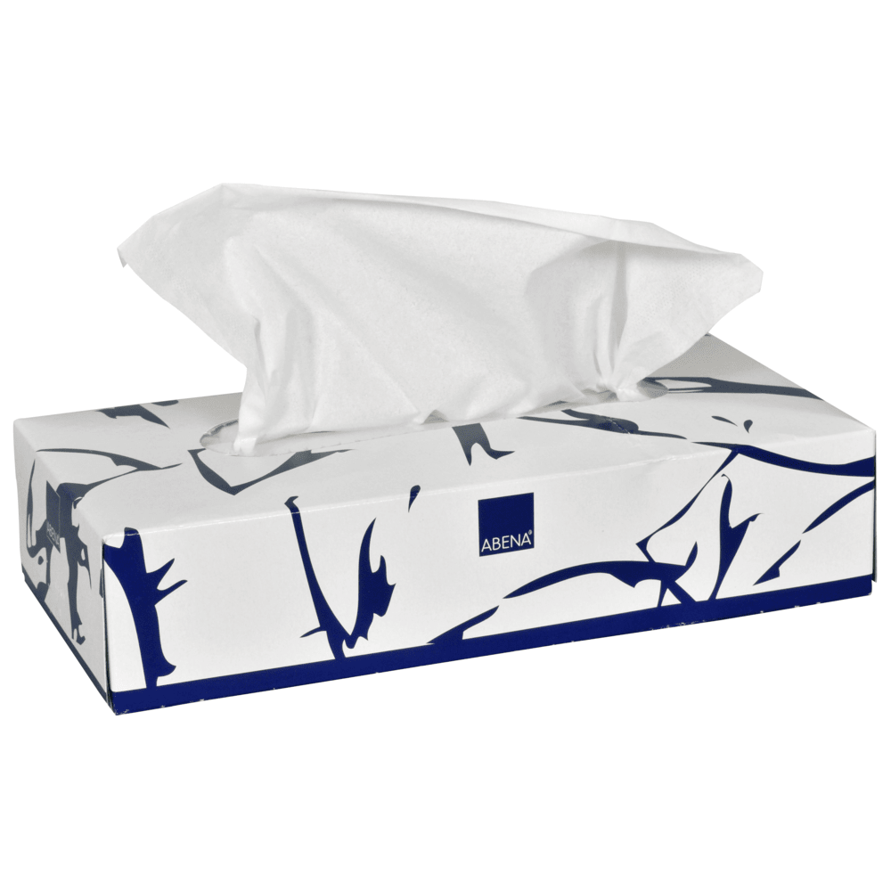 A rectangular box of Abena Re-Seller GmbH cosmetic tissues, 2-ply, 19.5x20 cm, high white (pack of 100 pieces), features a white and blue design with a tissue partially pulled out of the lid.