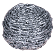 Close-up of an Abena Re-Seller GmbH stainless steel spiral, 60 g, package (10 pieces): a round silver scouring pad made of tightly wound metal threads for cleaning, depicted against a white background.