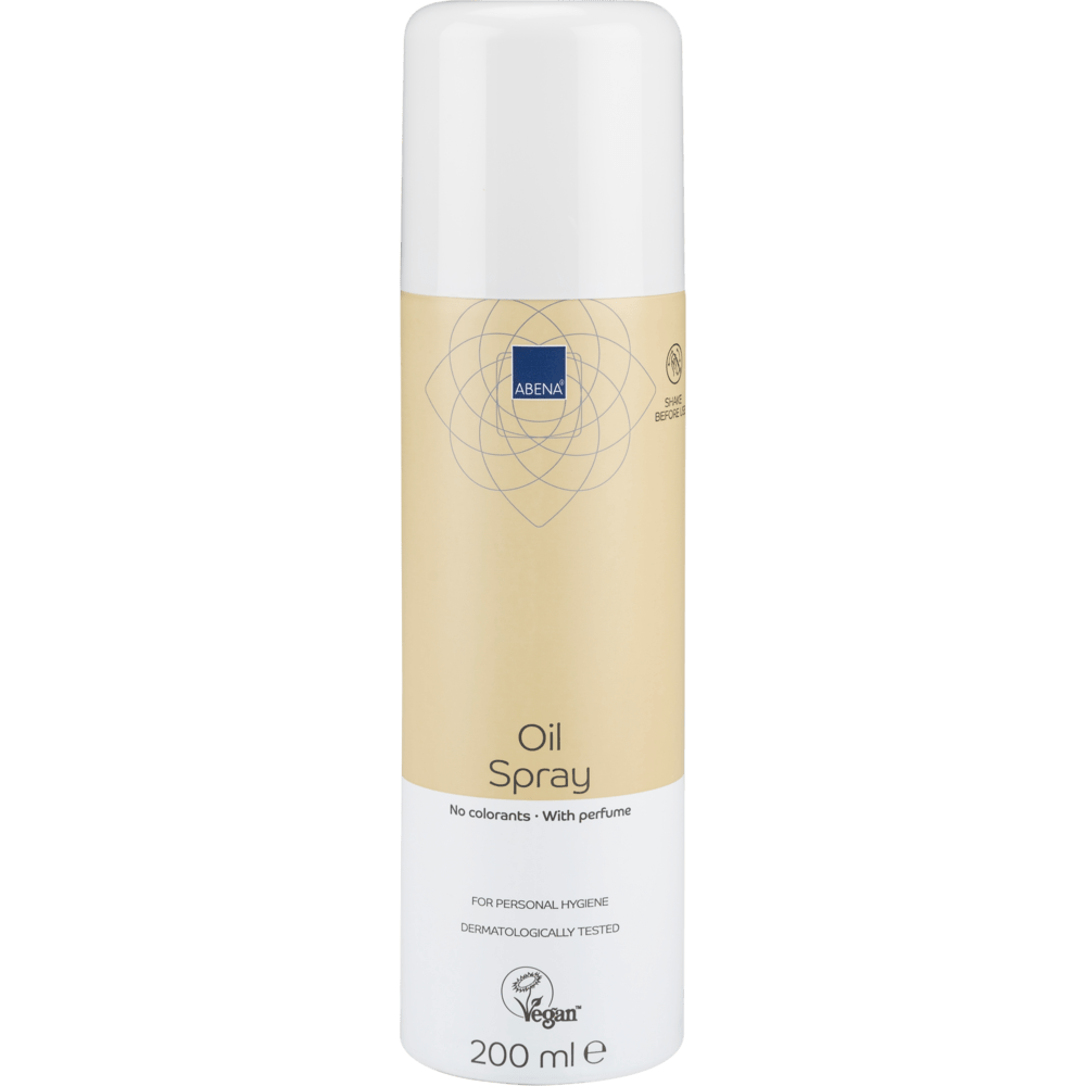 A 200 ml cylindrical Abena Re-Seller GmbH oil spray, lightly perfumed, in a beige-white bottle with the labels "No dyes", "Lightly perfumed" and "Vegan", with a white cap. Sold as a carton (12 packs).