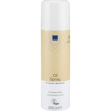 A 200 ml cylindrical Abena Re-Seller GmbH oil spray, lightly perfumed, in a beige-white bottle with the labels "No dyes", "Lightly perfumed" and "Vegan", with a white cap. Sold as a carton (12 packs).