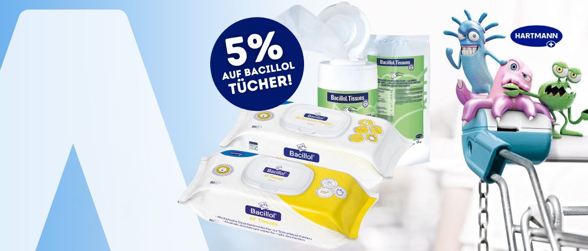 Packungen mit Bacillol-Desinfektionstüchern werden neben Flaschen mit Reinigungsmitteln gezeigt. Ein blauer Kreis wirbt für "5% auf Bacillol Tücher!". Cartoon-Keime sitzen rechts auf einem Krankenhausbett. Das Hartmann-Logo ist sichtbar.