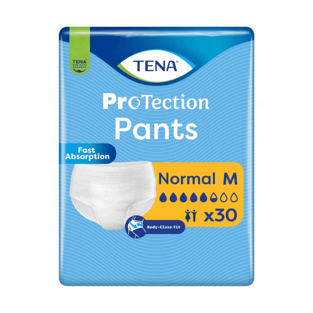 A 30-pack of TENA Protection Pants Normal incontinence pants, size Medium by TENA - Essity Germany GmbH, features a close body fit, rapid absorption for incontinence, and an absorption strength indicated by four water droplets on the packaging.