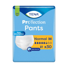 A 30-pack of TENA Protection Pants Normal incontinence pants, size Medium by TENA - Essity Germany GmbH, features a close body fit, rapid absorption for incontinence, and an absorption strength indicated by four water droplets on the packaging.