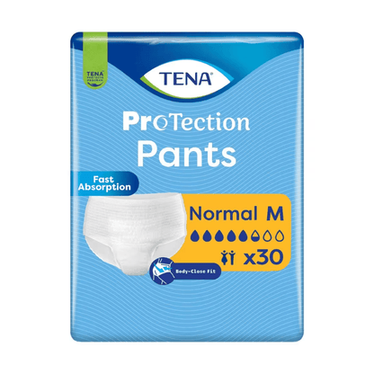 A 30-pack of TENA Protection Pants Normal incontinence pants, size Medium by TENA - Essity Germany GmbH, features a close body fit, rapid absorption for incontinence, and an absorption strength indicated by four water droplets on the packaging.