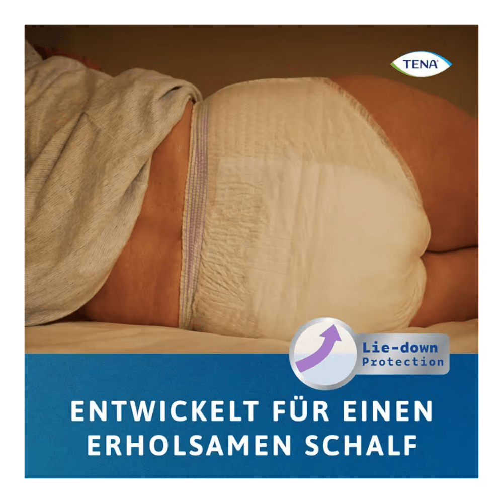 A person wearing TENA Protection Pants Normal incontinence pants by TENA - Essity Germany GmbH is lying on their side in bed. The image shows the TENA logo and the German text: "Developed for a restful sleep," indicating a restful sleep.